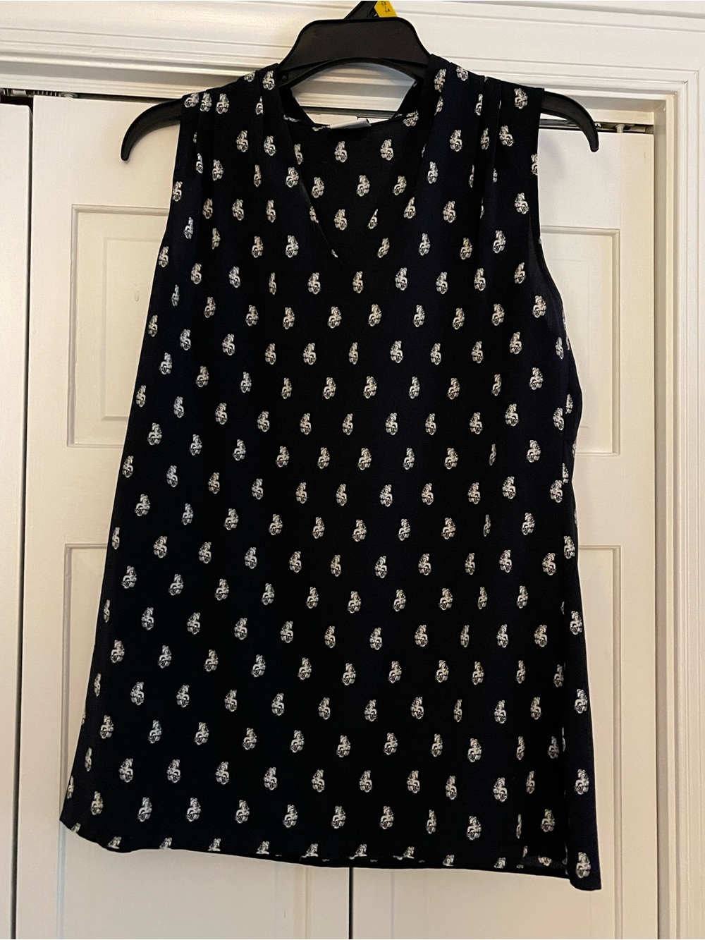 CAbi Navy Sleeveless V-Neck Tank with White Paisley Motif